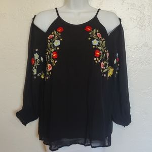 Seen Worn Kept black cold shoulder, long sleeve embroidered blouse. Size 8
